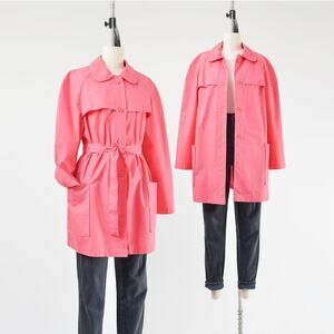 Vintage 70s 80s Pink Cotton Blend Jacket Peter Pan Collared Belted Trench
